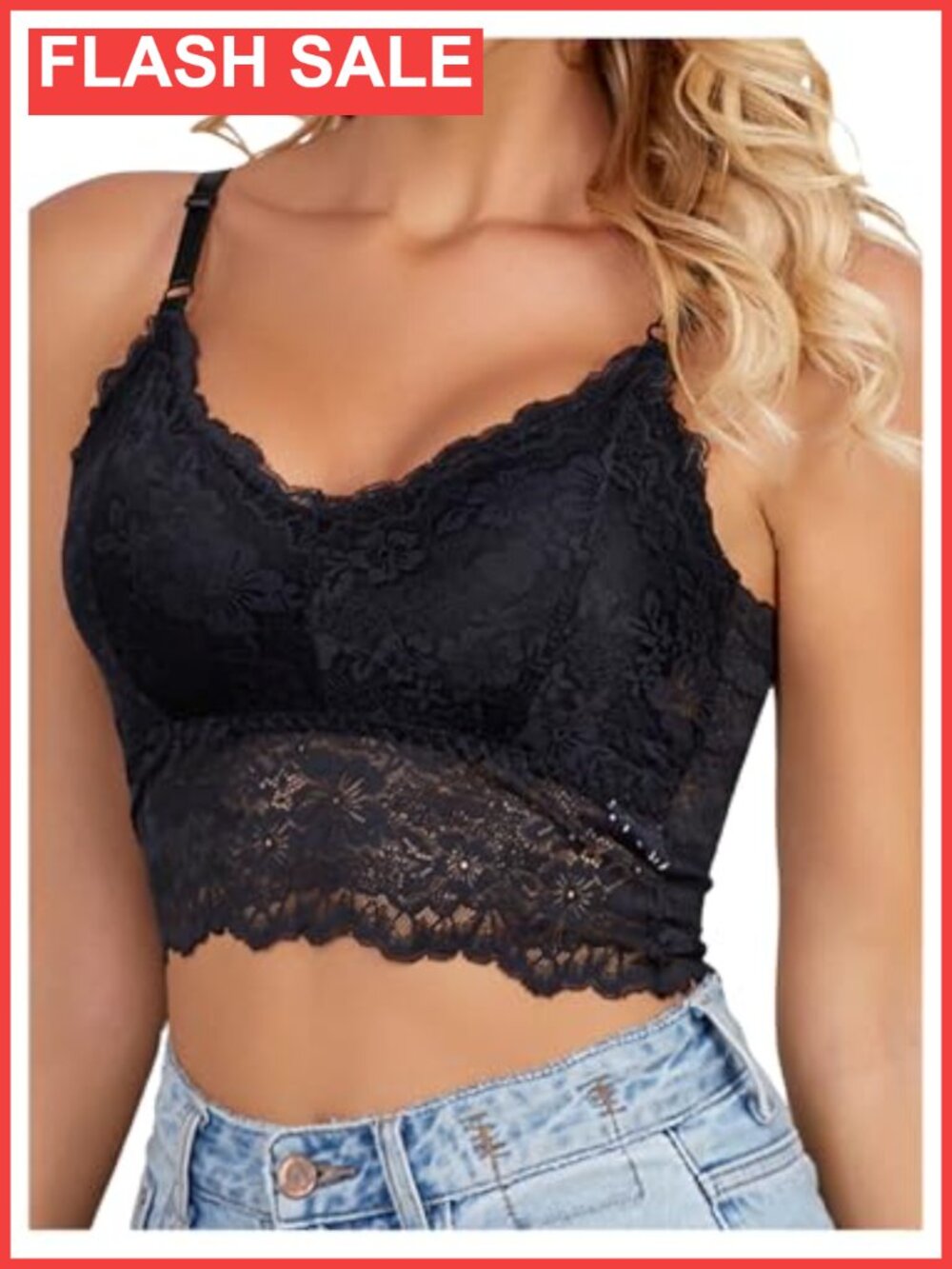 Lace Spaghetti Strap Wireless Padded Bralette Adjustable Straps
